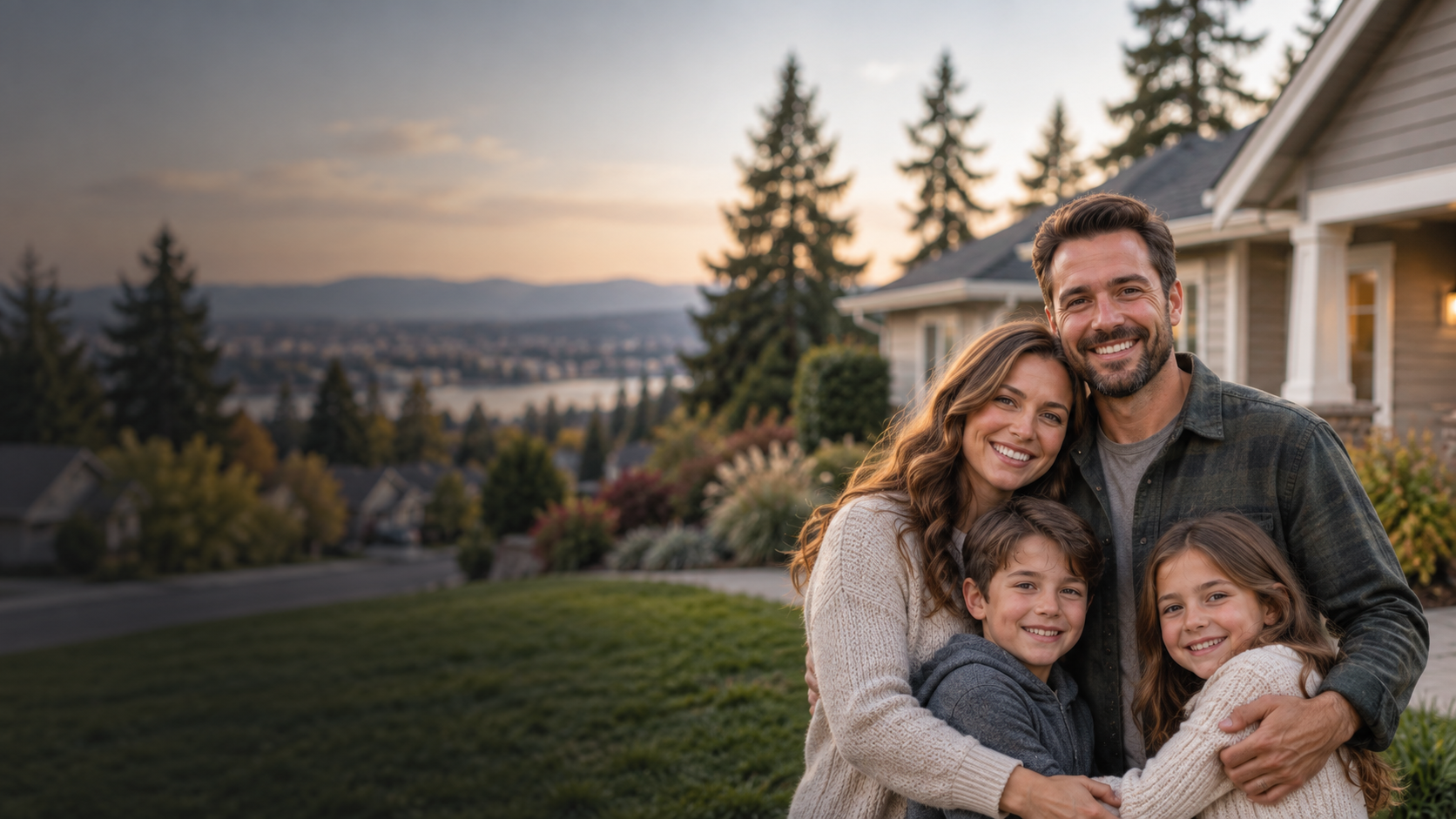 Smiling family in front of their home in Spokane, Washington